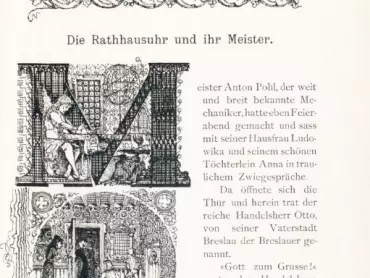 „Die Rathausuhr und ihre Meister. (Orloj a jeho mistr.)“ Záhlaví kapitoly v knize Sagen und Geschichte der Stadt Olmütz. Bearbeitet von Wilibald Müller. Olmütz 1892. Ilustrace José Hilbera.