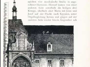 Olomoucký orloj. Ilustrace José Hilbera k pověsti „Die Rathausuhr und ihre Meister (Radniční orloj a jeho mistr)“ v knize Sagen und Geschichte der Stadt Olmütz. Bearbeitet von Wilibald Müller, Olmütz 1892.