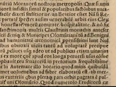 Fragment Indexu – písmene O – k Taurinově eposu Stauromachia, v němž je popisováno město Olomouc a jeho radniční orloj.