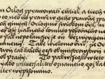 Fragment opisu rukopisu Jana Táborského z Klokotské hory pod názvem Zpráva o orloji Jana Táborského z Klokotské hory, nedatováno, 16.–17. století, se zmínkou o olomouckém orloji; opis obsahuje řadu dodatků ze 17. století. Archiv hlavního města Prahy, Sbírka rukopisů, sign. 7916, fol. 8r.