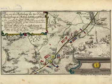 Plán zničení velkého transportu určeného královské pruské armádě na Moravě dne 30. června roku 1758. A – první císařský útok pod velením generála polního zbrojmistra von Laudohn na generálporučíka von Ziethen u Guntramovic. B – druhý útok a vyhození pruského transportu do povětří. – Překlad místopisných názvů zleva doprava a shora dolů: Christorf – Křišťanovice; Maywald – Májůvka; Hoff – Dvorce; Herzogwald – Herčivald; Kreutzberg – Kružberk; Prockersdorf – Čabová; Raÿgersdorf – Rejchartice; Guntersdorf – Guntramovice; Pautsche – Budišov nad Budišovkou; Dahlo – Dalov; Andersdorf – Ondrášov; Bährn – Moravský Beroun; Teutsch Lotnitz – Horní Loděnice; Alte Liebe – Stará Libavá, Schönwald – Podlesí; Lÿpein – Lipina; Neudörfl – Nová Véska; Sternberg – Šternberk; Stachendorf – Stachov; Domstadtl – Domašov nad Bystřicí; Nürnberg – Norberčany; Post-Weg von Ollmitz nach Troppau – poštovní silnice z Olomouce do Opavy; Preuss. Transport – pruský transport; Retirade der Preuss. Truppen – ústup pruských oddílů; Schlesische Gräntze – slezská hranice. Státní okresní archiv v Olomouci, Archiv města Olomouce, fond M 8-26 Sbírka map a plánů Olomouc, neinventarizováno, sign. IX/36. http://digi.archives.cz/da/permalink?xid=3D5EDDFE23124D4BA2DEDE3543D20A02&scan=1