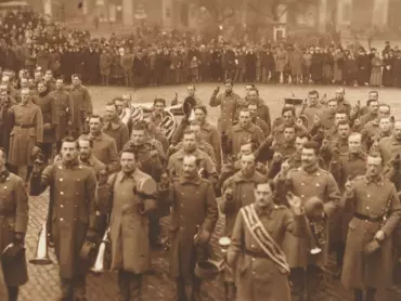 Akt přísahy lidu Okresnímu národnímu výboru během táboru lidu 3. listopadu 1918. Archiv města Olomouce, fond M 8-34 Sbírka obrazového a fotografického materiálu Olomouc, inv. č. 2043.