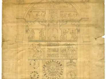 Neuskutečněný návrh úpravy olomouckého orloje zhotovený hodinářem Ludvigem Leowillem roku 1829. Kresba. Státní okresní archiv v Olomouci, Archiv města Olomouce, fond M-1-1 Sbírka obrazového materiálu a fotografií, inv. č. 3148.
