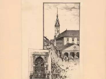 B. Wondra: Olomoucká radnice s hlavní strážnicí a orloj. Kresba z roku 1894. Státní archiv v Olomouci, Archiv města Olomouce, fond M-8-34 Sbírka obrazového materiálu a fotografií Olomouc, inv. č. 252.