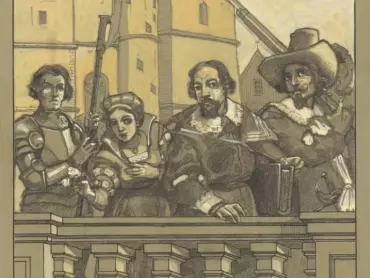 Jano Köhler st. (1873–1941): Skica pro deskový obraz v levé horní části orloje zobrazující skupinu obyvatel Olomouce v historických oděvech, v pozadí kostel sv. Mořice. 1926. Státní archiv v Olomouci, Archiv města Olomouce, fond M-8-34 Sbírka obrazového materiálu a fotografií Olomouc, inv. č. 2414.