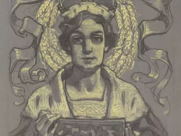 Jano Köhler st.: Alegorie Moravy, skica pro středový obraz olomouckého orloje. 1926. Státní archiv v Olomouci, Archiv města Olomouce, fond M-8-34 Sbírka obrazového materiálu a fotografií Olomouc, inv. č. 2414.