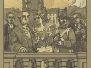 Jano Köhler st.: Skica pro deskový obraz v pravé horní části orloje zobrazující skupinu obyvatel Olomouce v historických oděvech, v pozadí sloup Nejsvětější Trojice. 1926. Státní archiv v Olomouci, Archiv města Olomouce, fond M-8-34 Sbírka obrazového materiálu a fotografií Olomouc, inv. č. 2414.