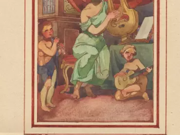 Jano Köhler st.: Musica. Skica pro fresku umístěnou na boční stěně výklenku olomouckého orloje. 1926. Státní archiv v Olomouci, Archiv města Olomouce, fond M-8-34 Sbírka obrazového materiálu a fotografií Olomouc, inv. č. 2414.