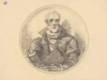 Jano Köhler st.: Olomoucký starosta Josef von Engel v historickém kroji, skica pro obraz na olomouckém orloji. Státní archiv v Olomouci, Archiv města Olomouce, fond M-8-34 Sbírka obrazového materiálu a fotografií Olomouc, inv. č. 2414.