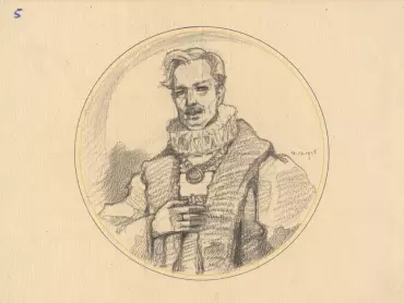 Jano Köhler st.: Olomoucký starosta JUDr. Richard Fischer v historickém kroji, skica pro obraz na olomouckém orloji. 1926 Státní archiv v Olomouci, Archiv města Olomouce, fond M-8-34 Sbírka obrazového materiálu a fotografií Olomouc, inv. č. 2414.