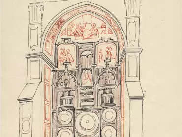 Jano Köhler st.: Schema výzdoby orloje olomuckého, datováno 9. října 1925. Státní archiv v Olomouci, Archiv města Olomouce, fond M-8-34, Sbírka obrazového materiálu a fotografií Olomouc, inv. č. 2414.
