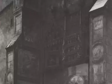 Fresky Jano Kohlera st. na bocích niky olomouckého orloje. Nedatovaná fotografie, po roce 1926. Státní archiv v Olomouci, Archiv města Olomouce, fond M-8-34 Sbírka obrazového materiálu a fotografií Olomouc, inv. č. 2873 a 2874.