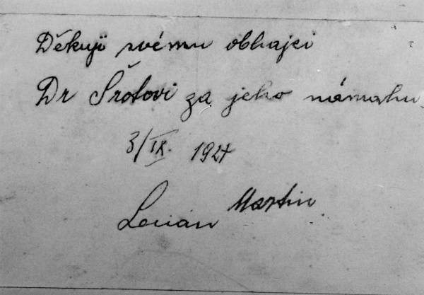 Vlastnoruční poděkování Martina Leciána jeho obhájci ex offo JUDr. Eduardu Šrotovi ze 3. září 1927. Soukromá sbírka. 
