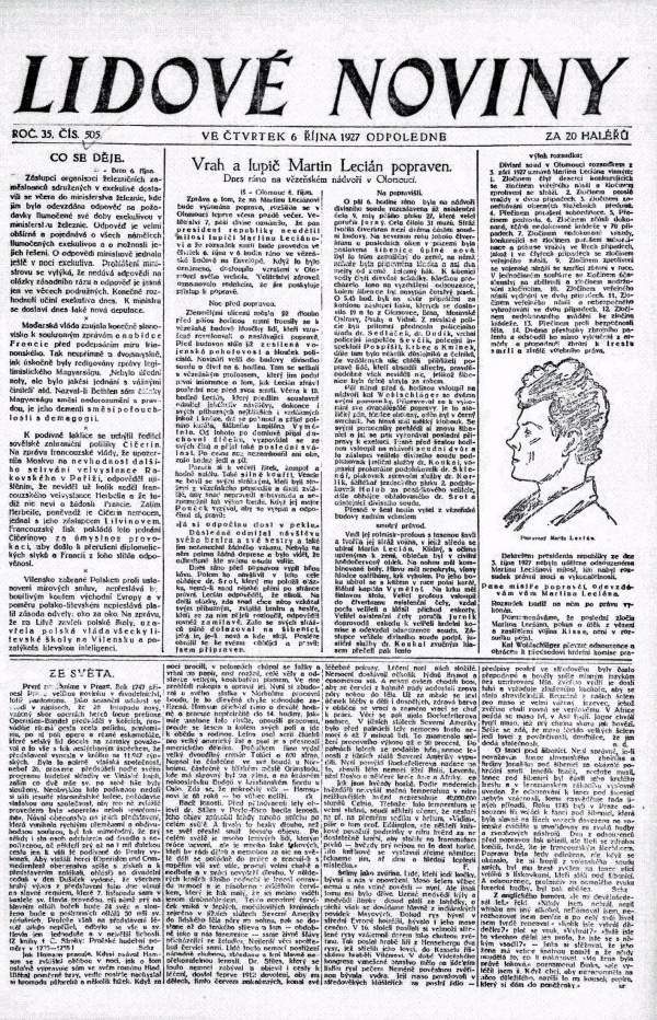 Lidové noviny z 6. října 1927 se zpravodajstvím o popravě Martina Leciána.
