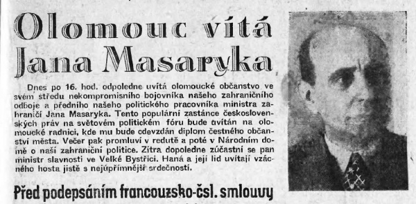 Článek na titulní straně Stráže lidu ze soboty 24. května 1947 informující o programu pobytu ministra zahraničních věcí ČSR Jana Masaryka téhož dne. Vědecká knihovna v Olomouci.