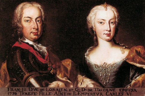 František III. vévoda lotrinský a velkovévoda toskánský, oženěný 1739 s Terezií, nejstarší dcerou císaře Karla VI. Dobová olejomalba, mezi léty 1740–1745.