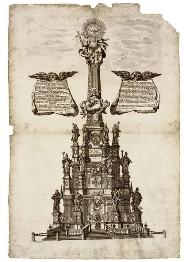 Josef Freindt: Sloup Nejsvětější Trojice v Olomouci, lept s mědirytem, poslední třetina 18. století, Muzeum umění Olomouc, sign. G 13242.