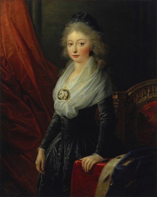 Heinrich Füger (1751–1818): Mladá hraběnka d’Angoulême (Marie Terezie Charlotta Bourbonská vévodkyně d’Angoulême, 1777–1758). Olej na plátně, Vídeň, po roce 1795. Ermitáž, Petrohrad, inv. č. 1344. 