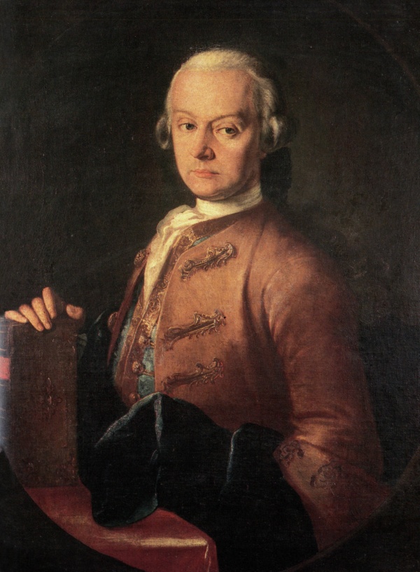 Otec Wolfganga Amadea Mozarta Leopold Mozart, patrně malba Pietra Antonia Lorenzoniho (1721–1752), kolem roku 1765. Internationale Stiftung Mozarteum, Salzburg.	
