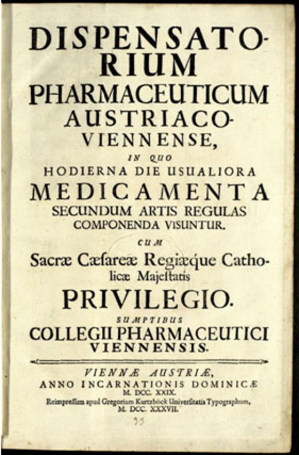 Titulní strana Rakousko-vídeňského farmaceutického dispenzáře, Vídeň 1728.