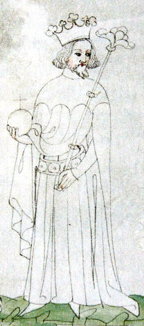 Jan Lucemburský jako český a polský král. Miniatura ze Zbraslavské kroniky (Chronicon aulae regiae) vzniklé v letech 1305–1339 v cisterciáckém klášteře na Zbraslavi.