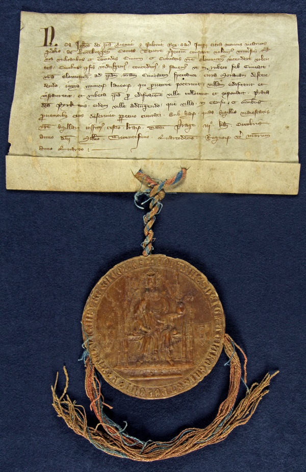Státní okresní archiv v Olomouci, Archiv města Olomouce, fond M-1-1, Listiny, inv. č. 7, pergamen,  24 × 15 cm, plika o šířce 2,5 cm, majestátní mincovní pečeť, přivěšená na červeno-modré hedvábné šňůře, je uložena v dřevěném pouzdře.