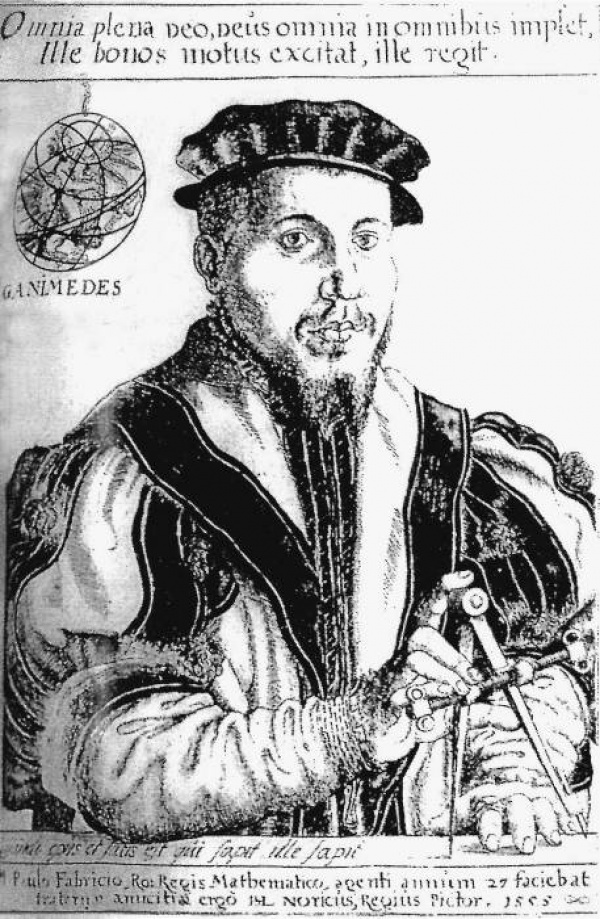 Paul Fabricius, královský matematik, ve věku 27 let. Rytina zhotovená norimberským rytcem Hannsem Lautensackem („HL Noricius Pictor“, kolem 1520 – kolem 1565) roku 1555. Palazzo della Farnesina v Římě.
