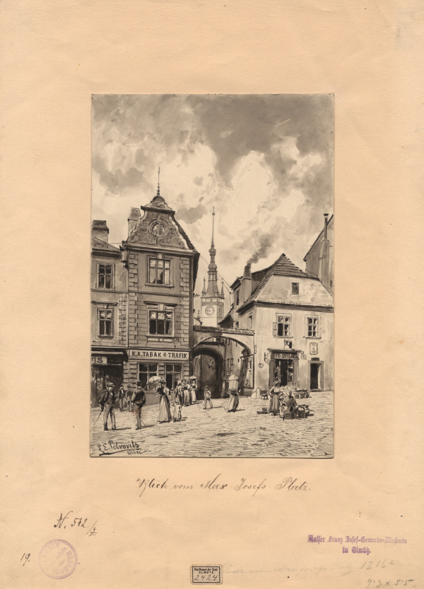 Pohled z náměstí Maxe Josefa (tj. z nynějšího Žerotínova náměstí). Lavírovaná kresba z roku 1894. Státní archiv v Olomouci, Archiv města Olomouce, fond M 8-34, inv. č. 248.